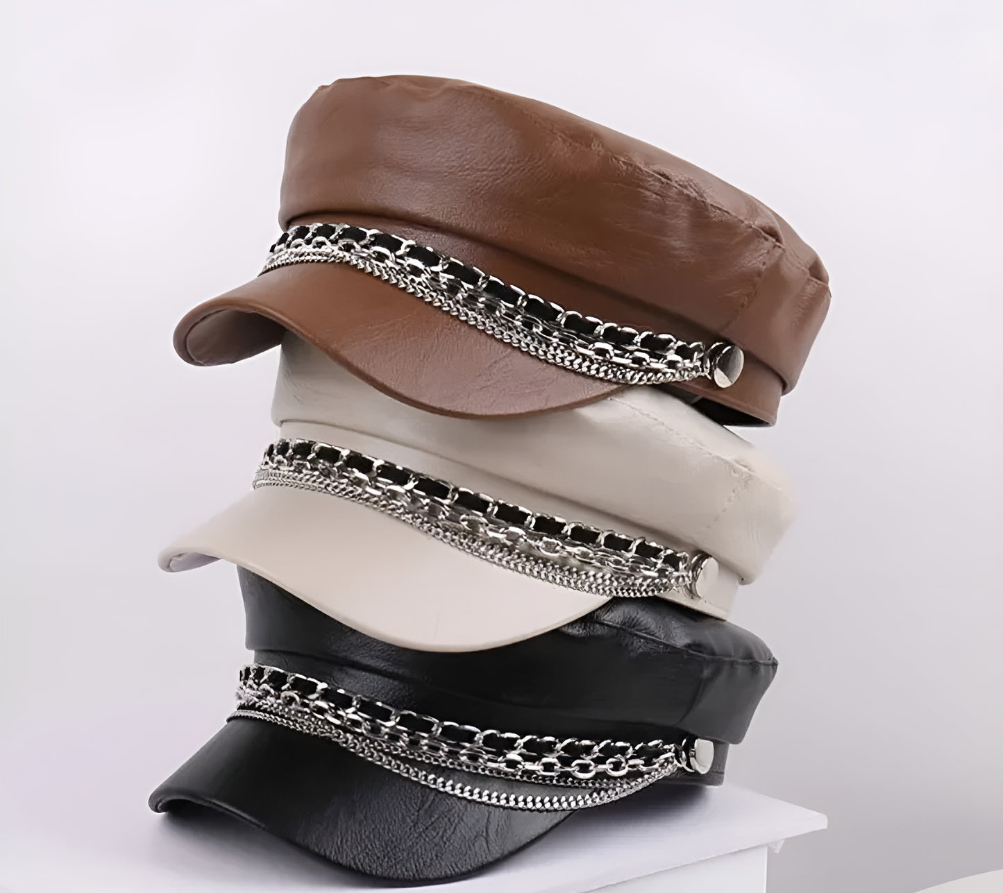 Leather Sailor Cap – With Double Chain And Structured Visor