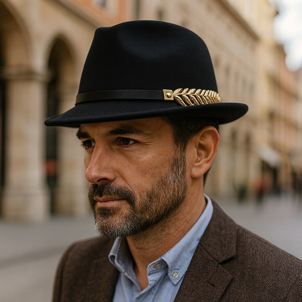 Fedora Trilby Hat – Classic Wide Brim With Gold Leaf Accent