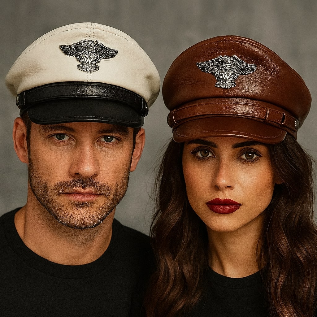 Leather Sailor Cap – Statement Badge & Structured Visor