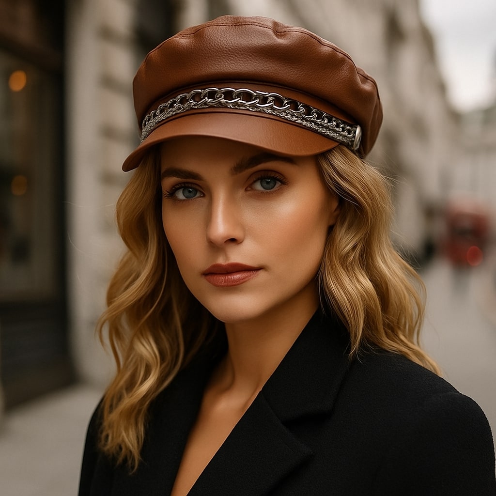 Leather Sailor Cap – With Double Chain And Structured Visor