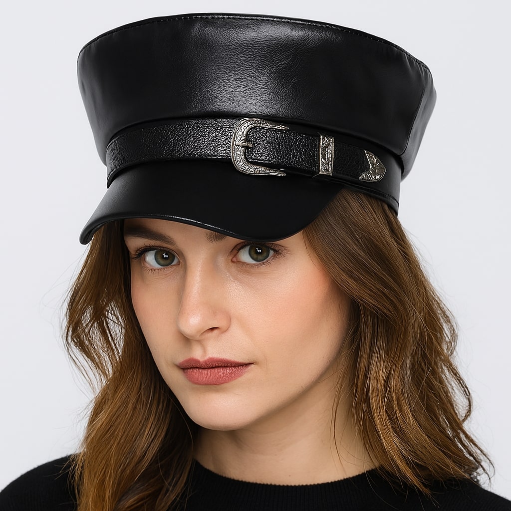 Faux Leather Sailor Cap – Flat Top With Western Buckle Detail