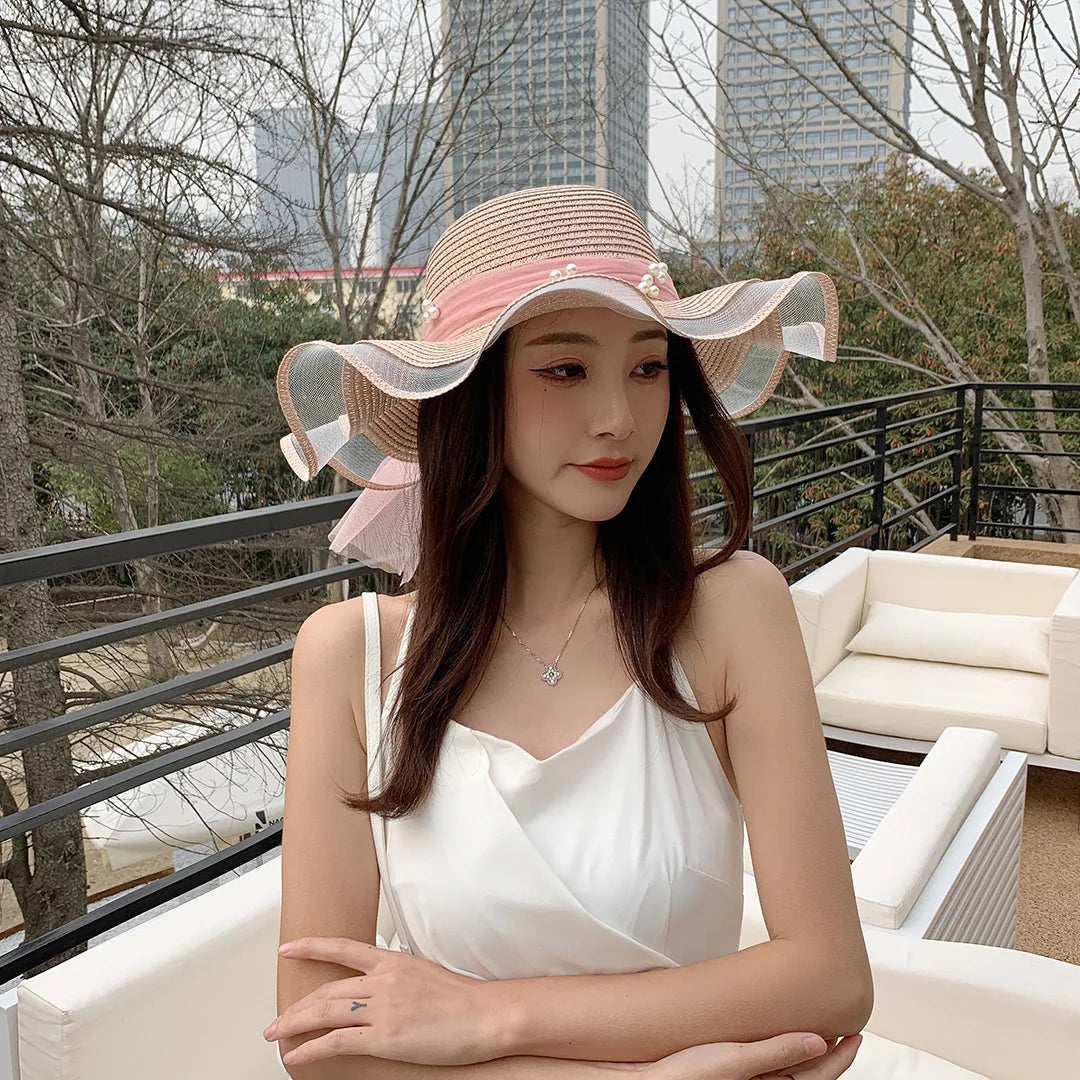 Straw Hat With Wavy Brim And Pearl Details