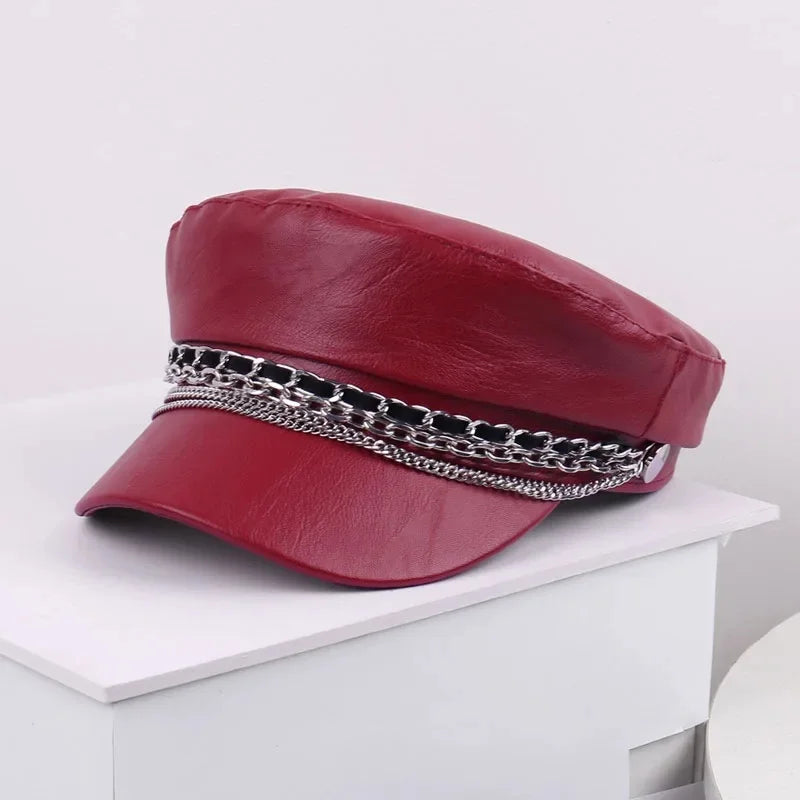 Leather Sailor Cap – With Double Chain And Structured Visor