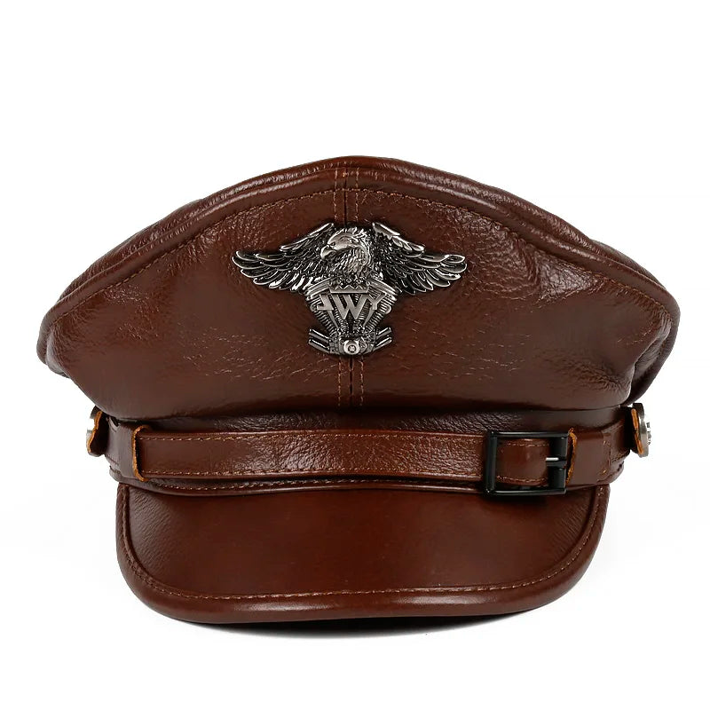Leather Sailor Cap – Statement Badge & Structured Visor