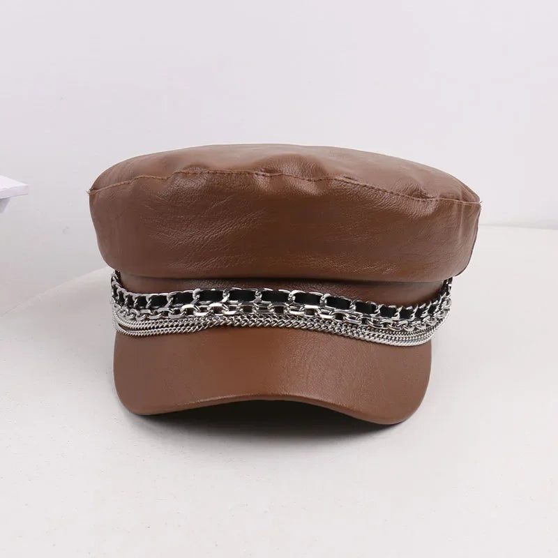 Leather Sailor Cap – With Double Chain And Structured Visor