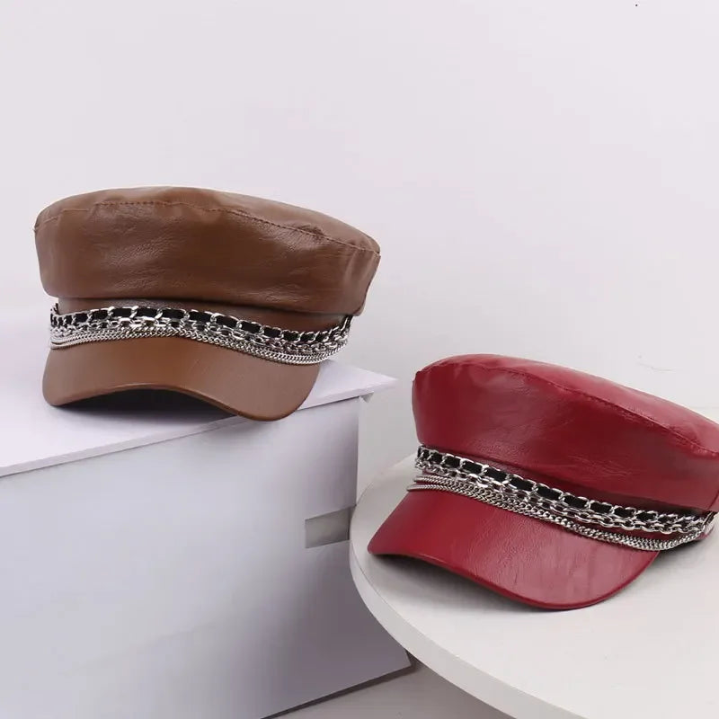 Leather Sailor Cap – With Double Chain And Structured Visor