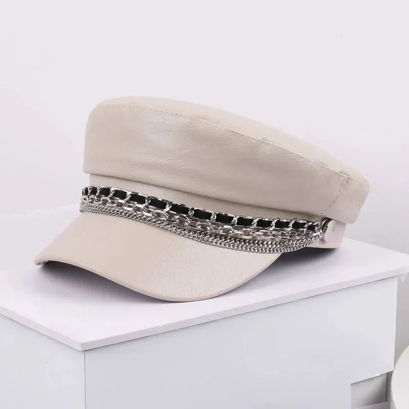 Leather Sailor Cap – With Double Chain And Structured Visor