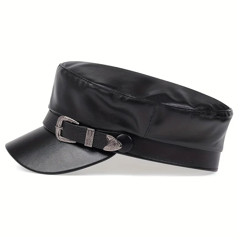 Faux Leather Sailor Cap – Flat Top With Western Buckle Detail