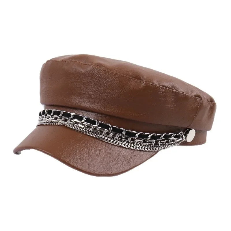 Leather Sailor Cap – With Double Chain And Structured Visor