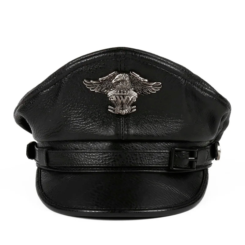 Leather Sailor Cap – Statement Badge & Structured Visor