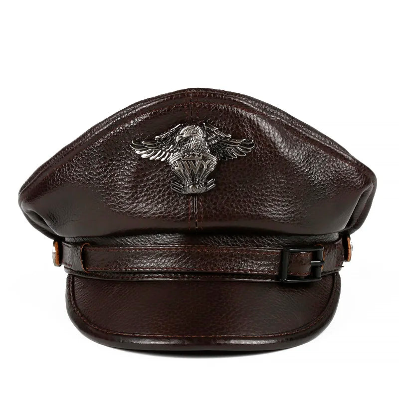 Leather Sailor Cap – Statement Badge & Structured Visor