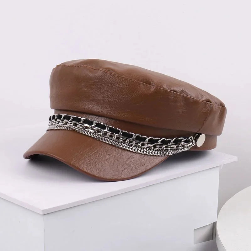 Leather Sailor Cap – With Double Chain And Structured Visor