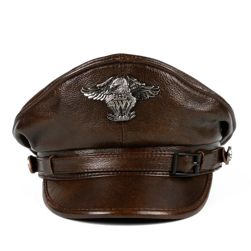 Leather Sailor Cap – Statement Badge & Structured Visor