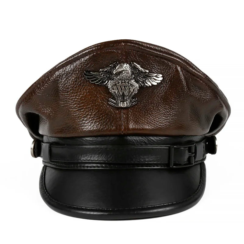 Leather Sailor Cap – Statement Badge & Structured Visor