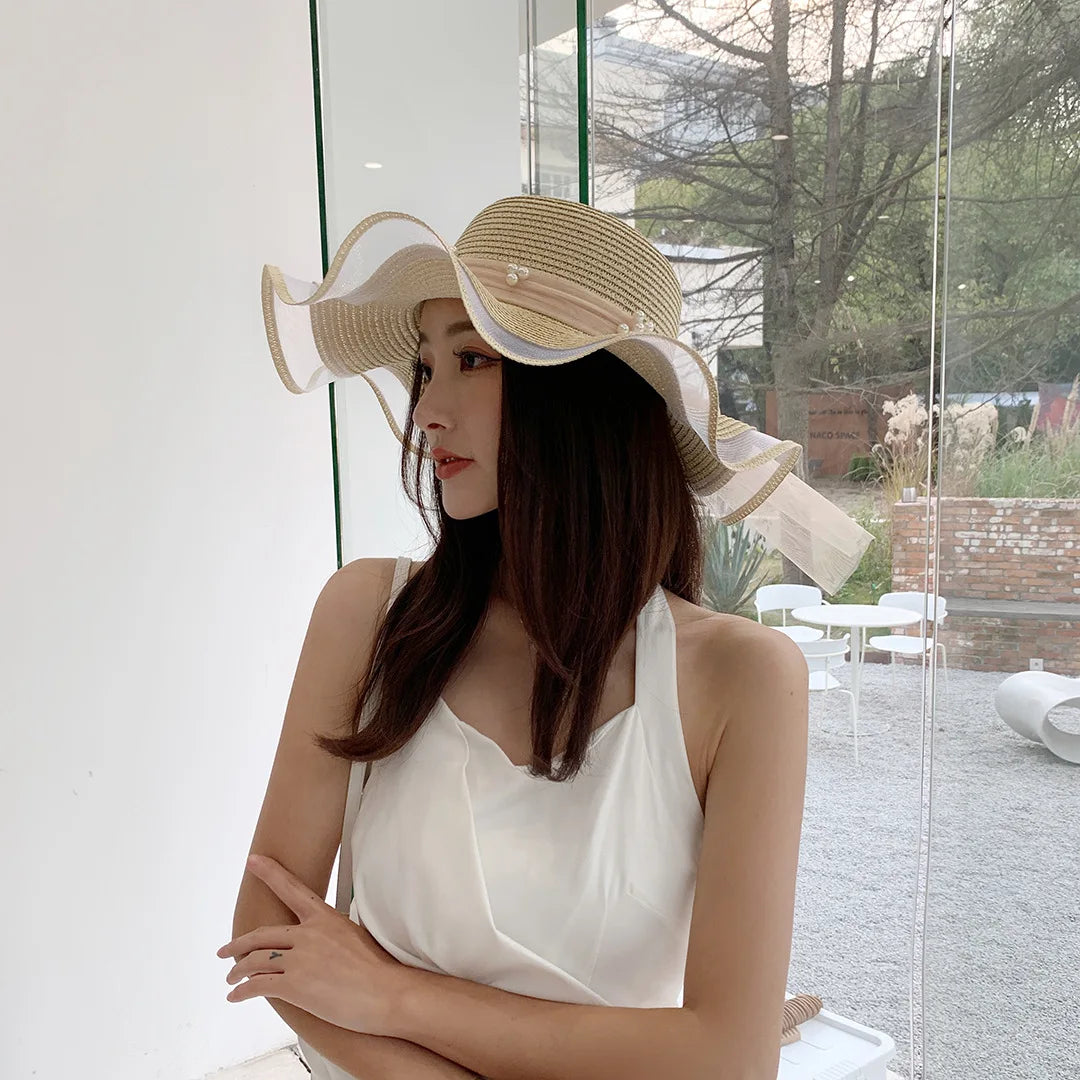 Straw Hat With Wavy Brim And Pearl Details
