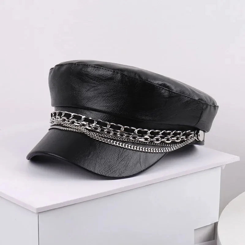 Leather Sailor Cap – With Double Chain And Structured Visor