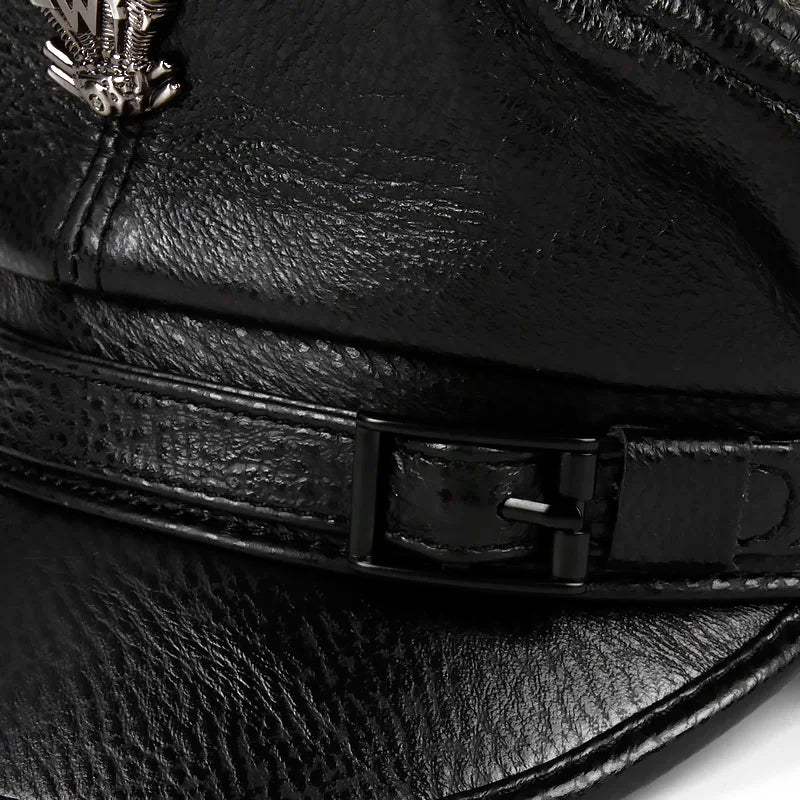 Leather Sailor Cap – Statement Badge & Structured Visor