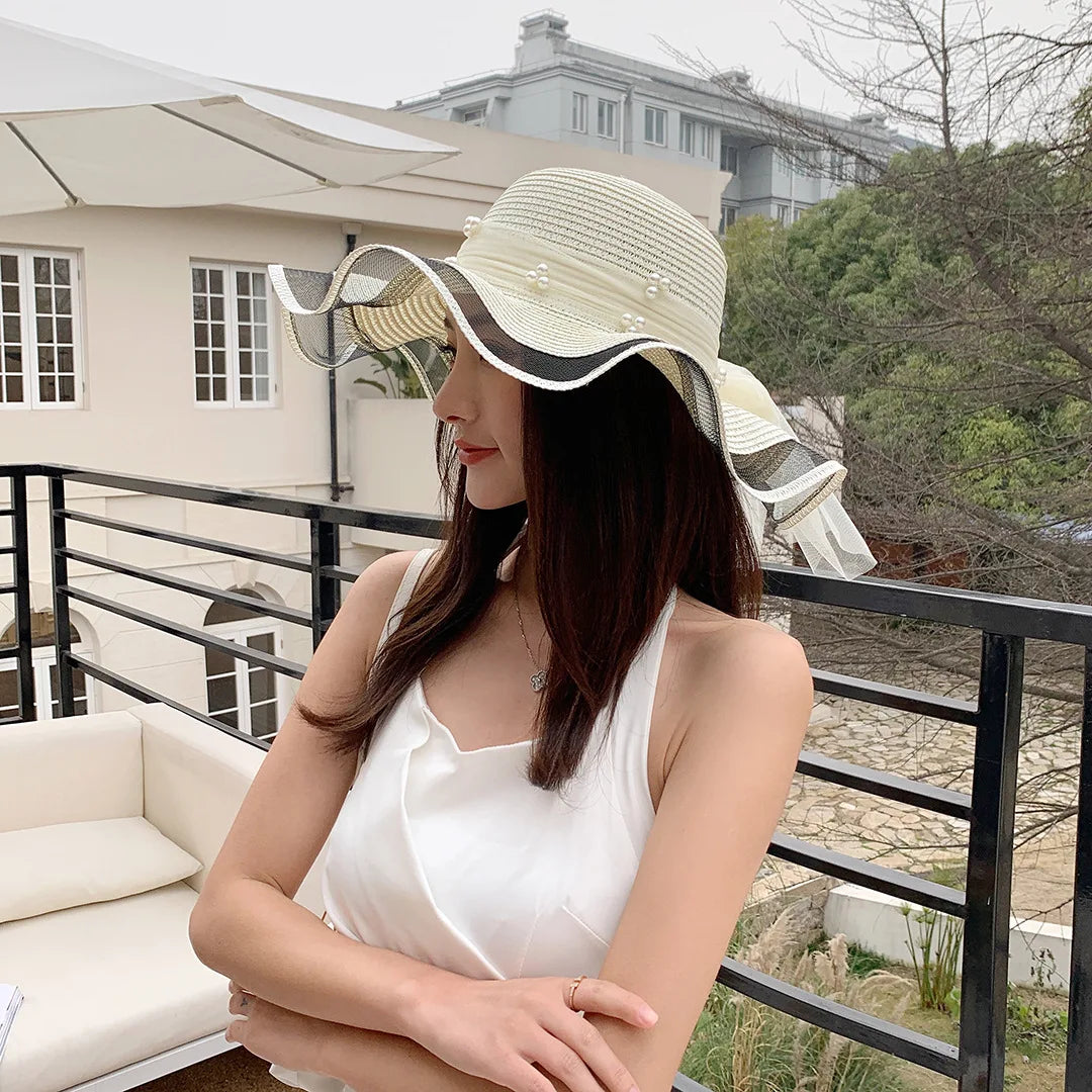 Straw Hat With Wavy Brim And Pearl Details