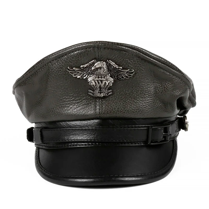 Leather Sailor Cap – Statement Badge & Structured Visor
