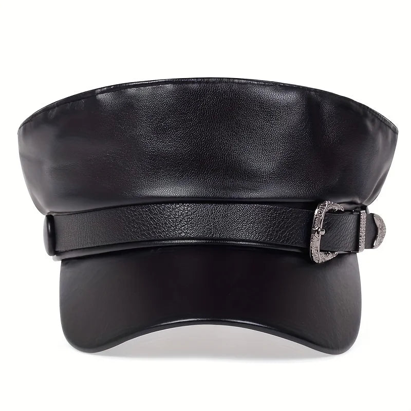 Faux Leather Sailor Cap – Flat Top With Western Buckle Detail