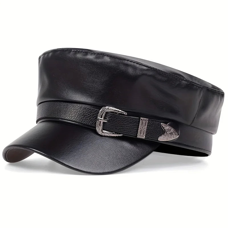 Faux Leather Sailor Cap – Flat Top With Western Buckle Detail