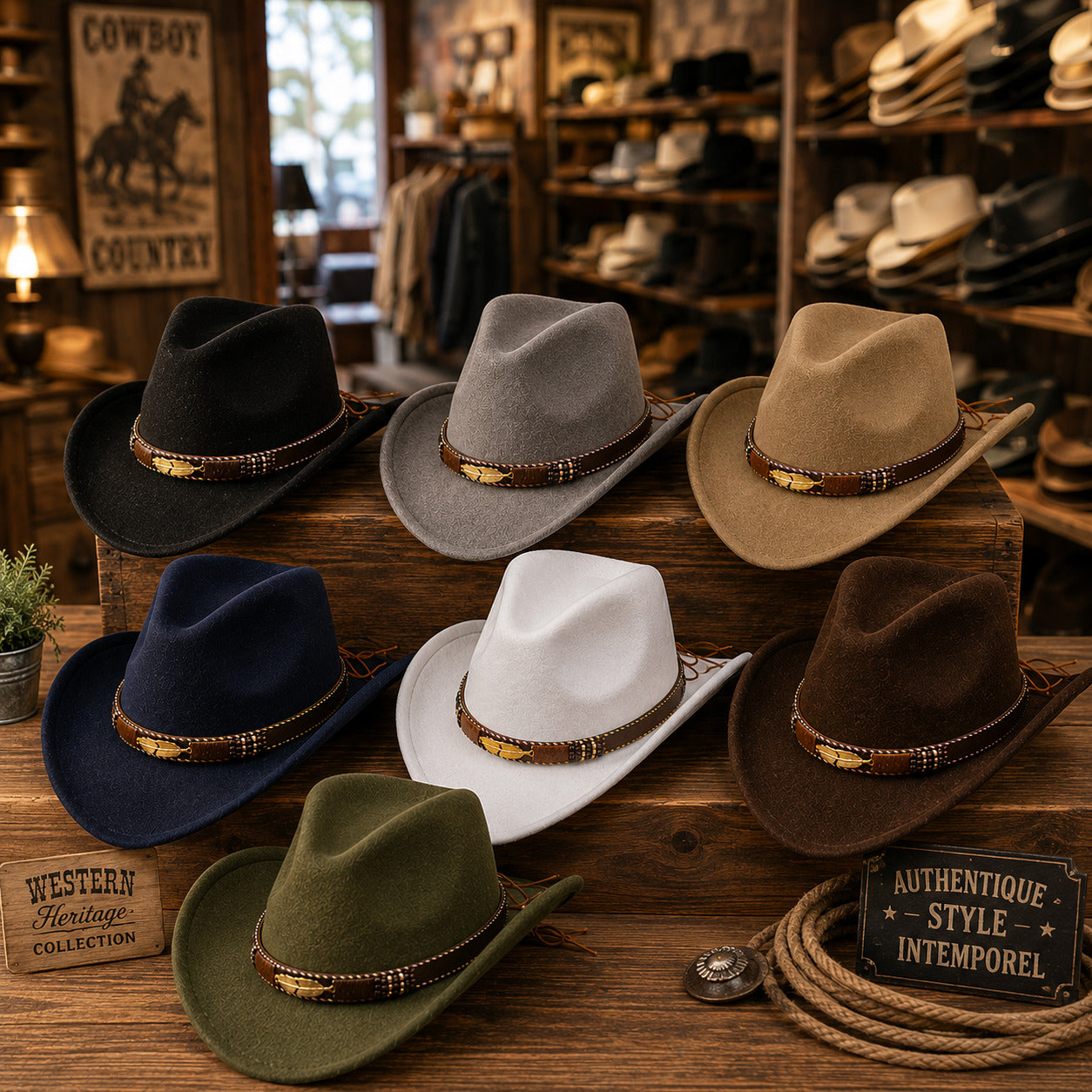 Cowboy Hat – Leather Band with Gold Feather