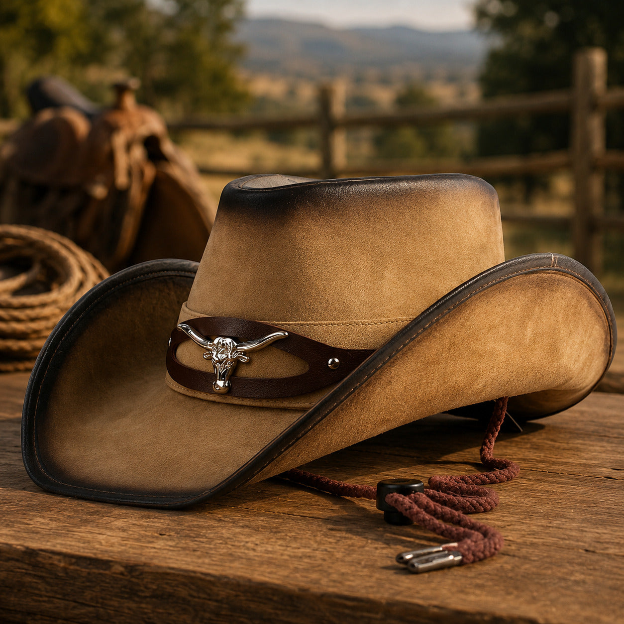 Western Cowboy Hat – Suede Finish With Bull Head Band