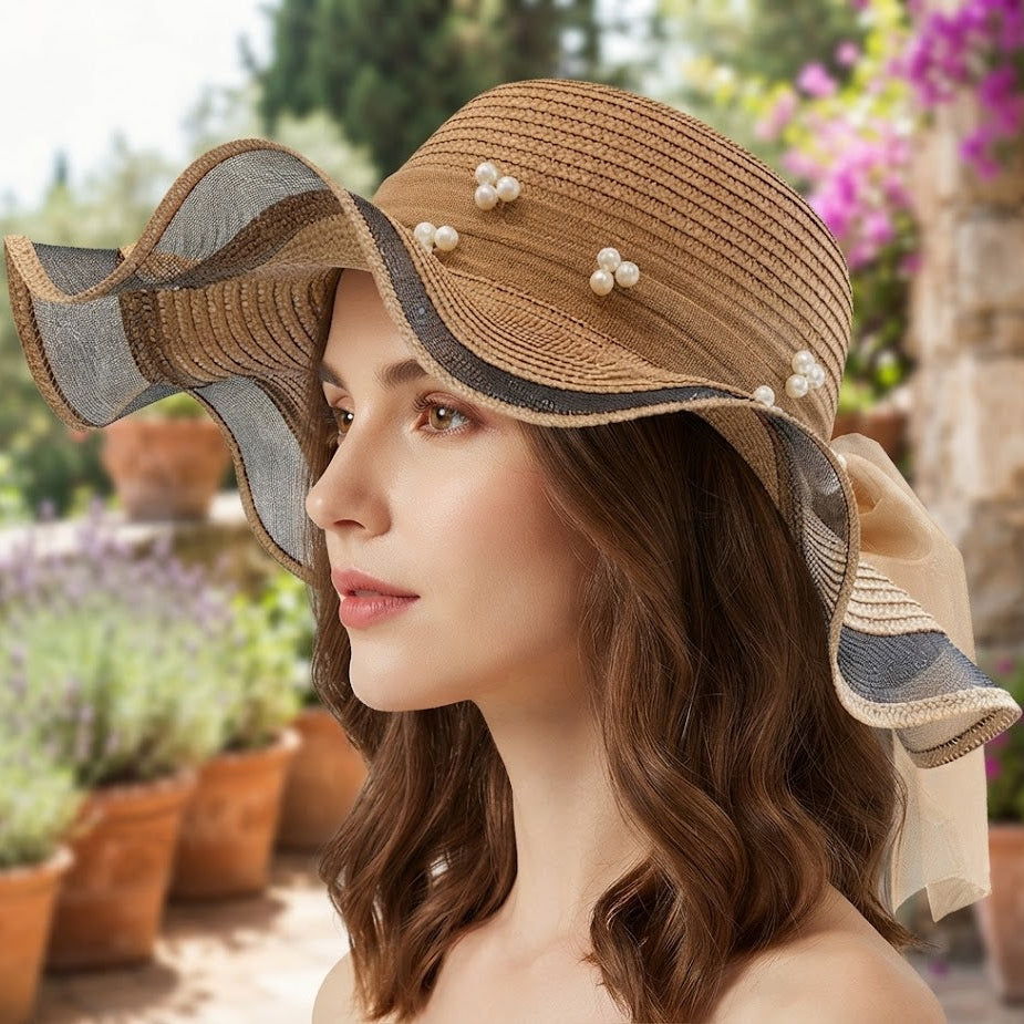 Straw Hat With Wavy Brim And Pearl Details