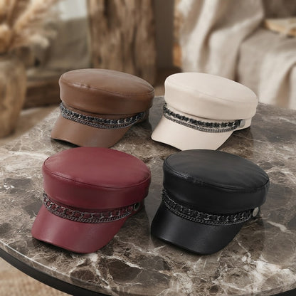 Leather Sailor Cap – With Double Chain And Structured Visor
