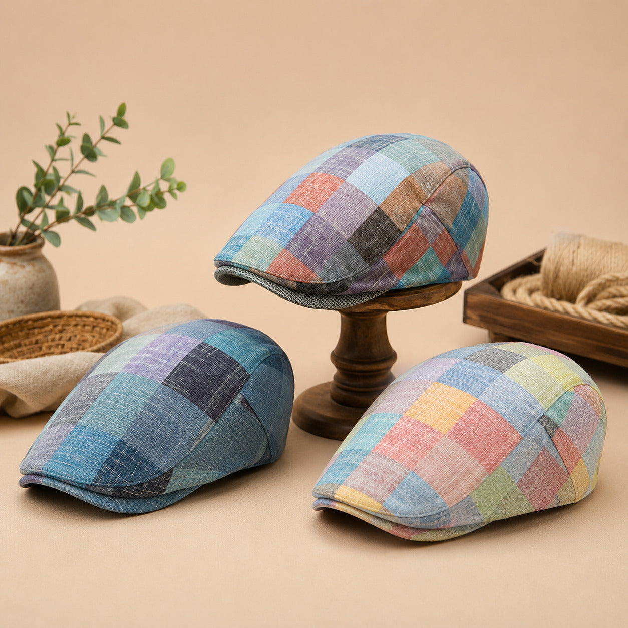 Flat Cap – Men’s Colorful Checked Patchwork