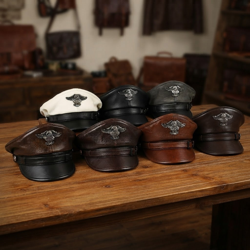 Leather Sailor Cap – Statement Badge & Structured Visor