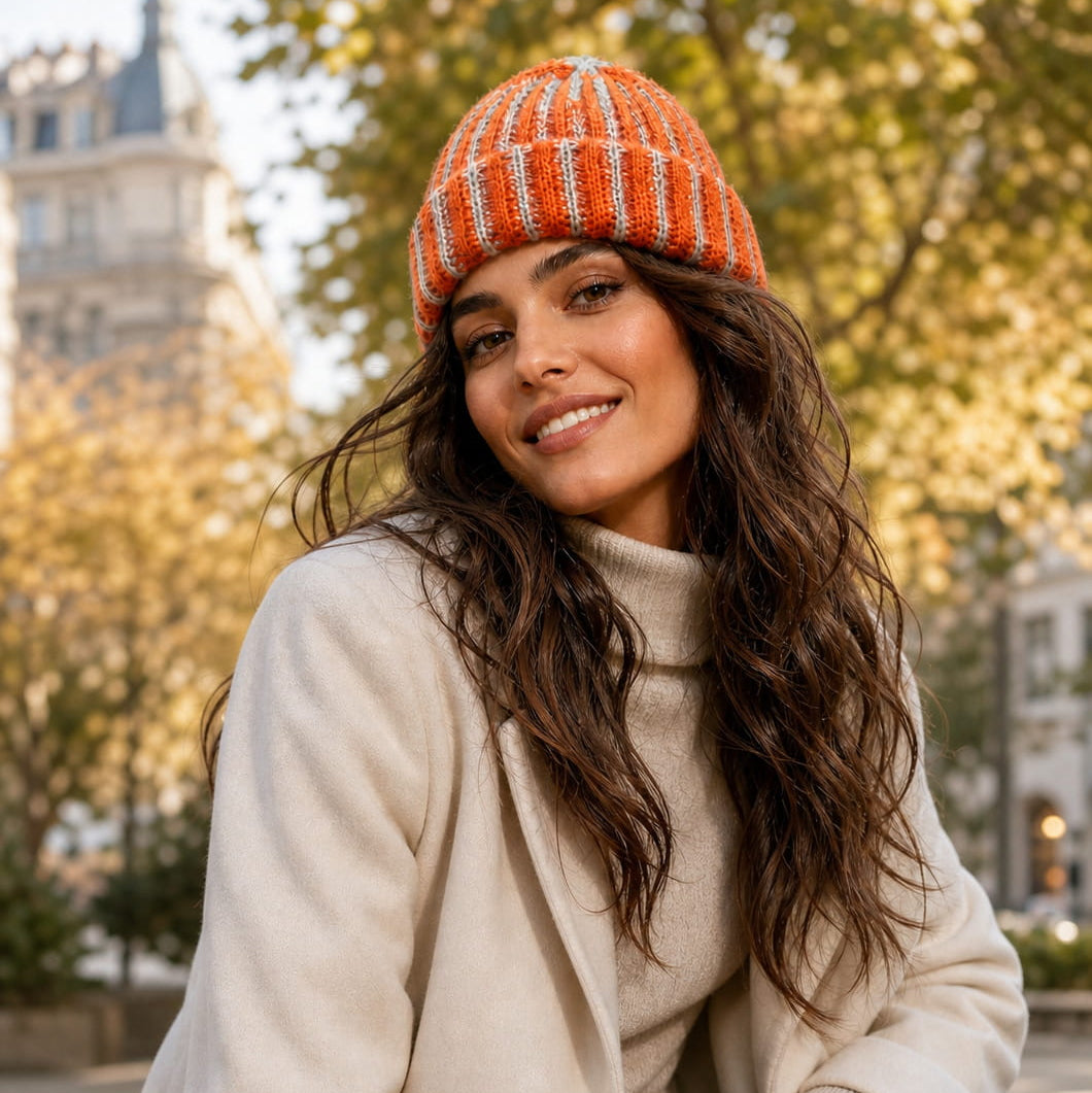 Beanie – Feather Yarn Striped Knit