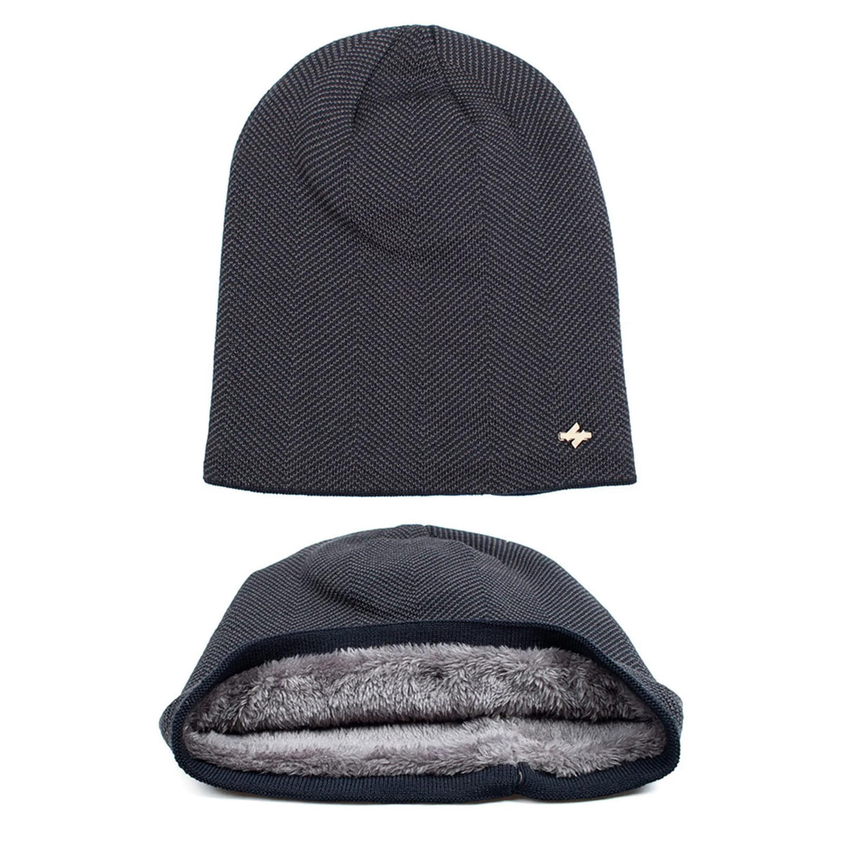 Beanie – Slouchy Herringbone with Fur Lining