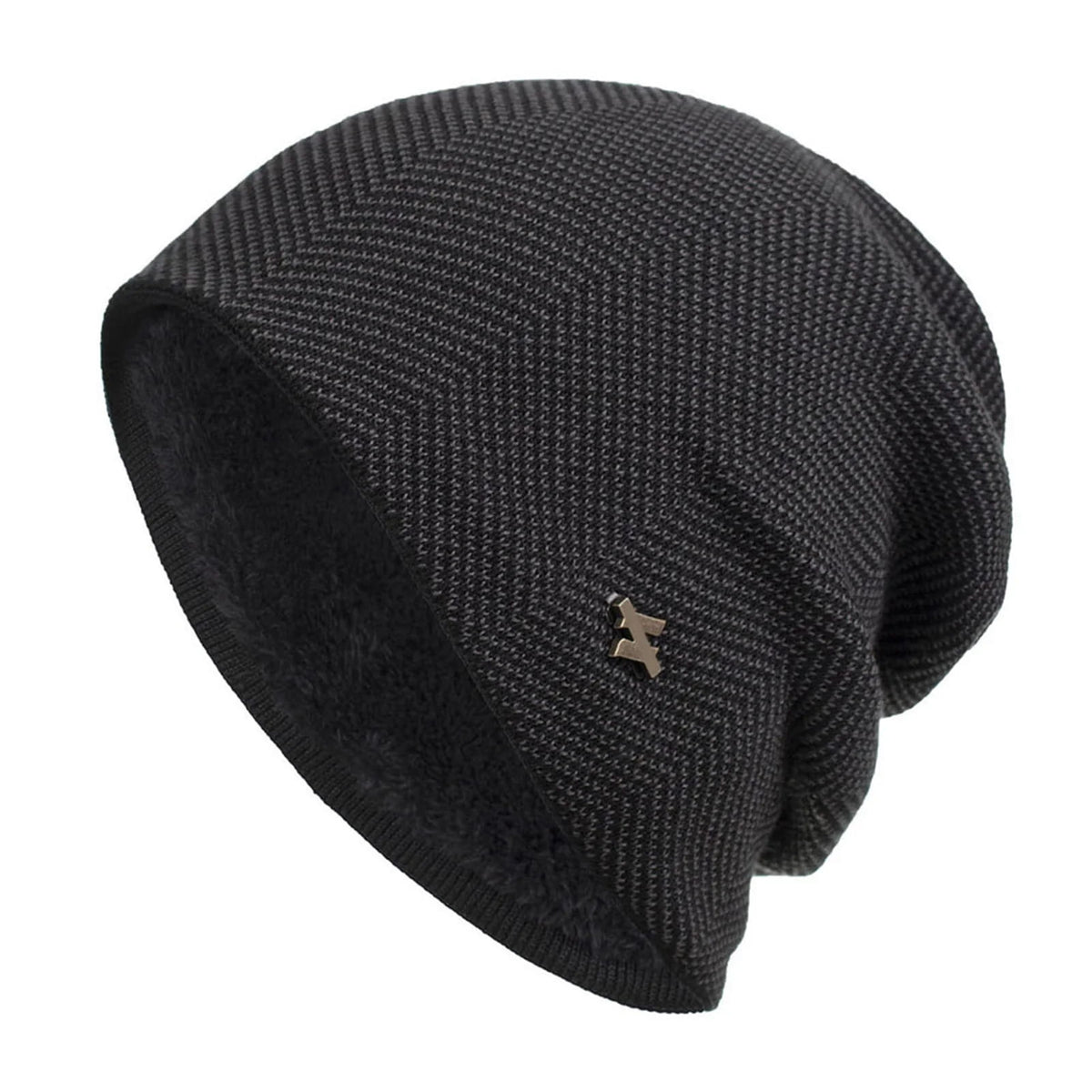Beanie – Slouchy Herringbone with Fur Lining