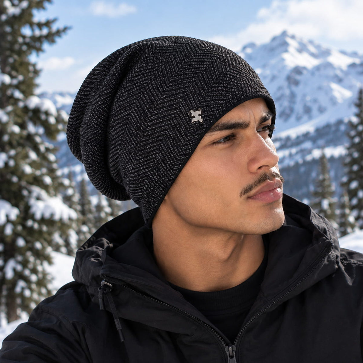 Beanie – Slouchy Herringbone with Fur Lining