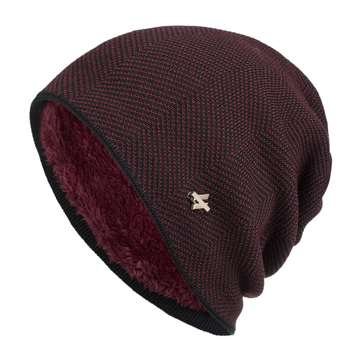 Beanie – Slouchy Herringbone with Fur Lining