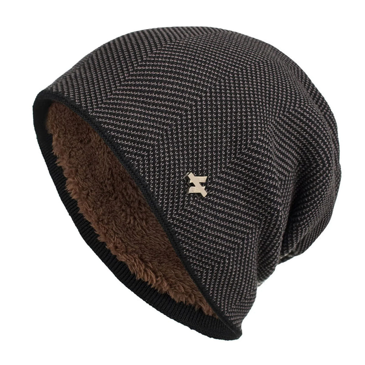 Beanie – Slouchy Herringbone with Fur Lining