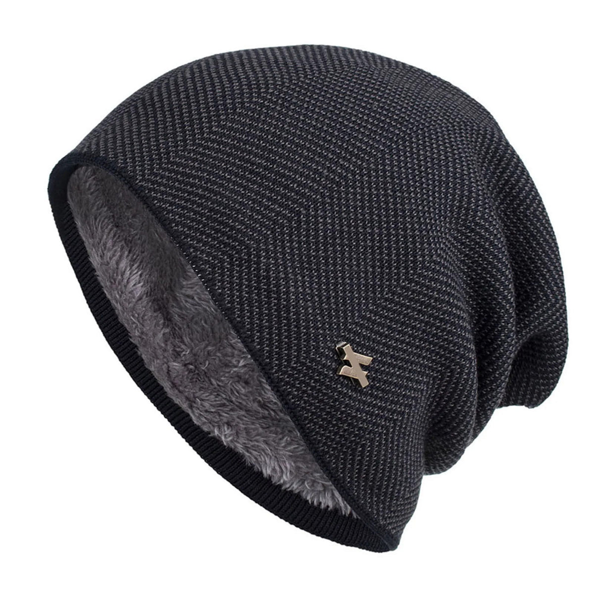 Beanie – Slouchy Herringbone with Fur Lining