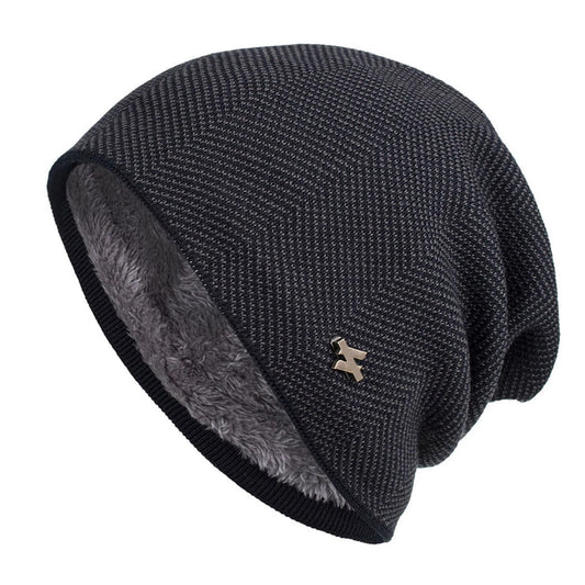 Beanie – Slouchy Herringbone with Fur Lining