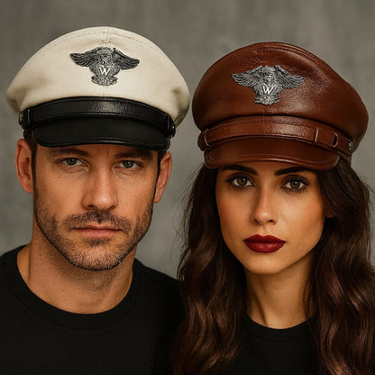 Leather Sailor Cap – Statement Badge & Structured Visor