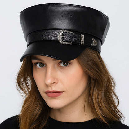 Faux Leather Sailor Cap – Flat Top With Western Buckle Detail