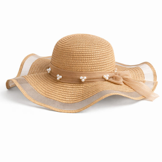 Straw Hat With Wavy Brim And Pearl Details