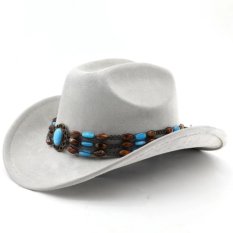 Cowboy Hat – Suede-Look, Beaded Turquoise Ethnic Style