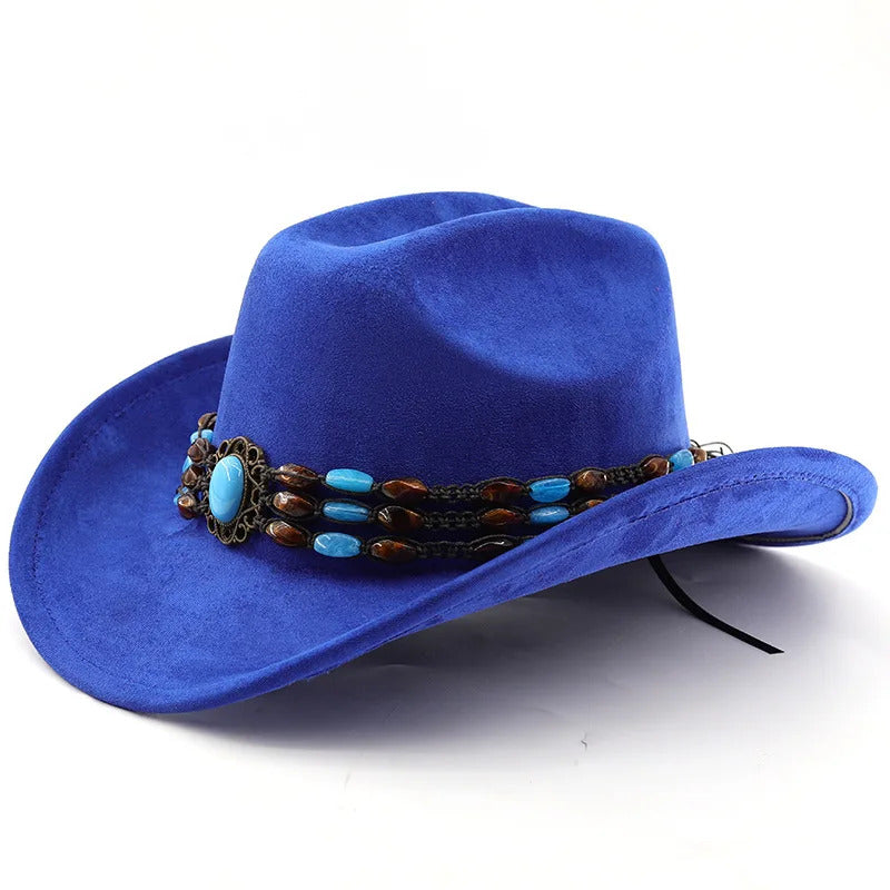 Cowboy Hat – Suede-Look, Beaded Turquoise Ethnic Style
