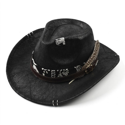 Cowboy Hat – Distressed Leather-Look, Feather Band