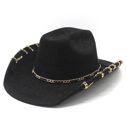 Cowboy Hat – Suede-Look, Gold Chain Western Style