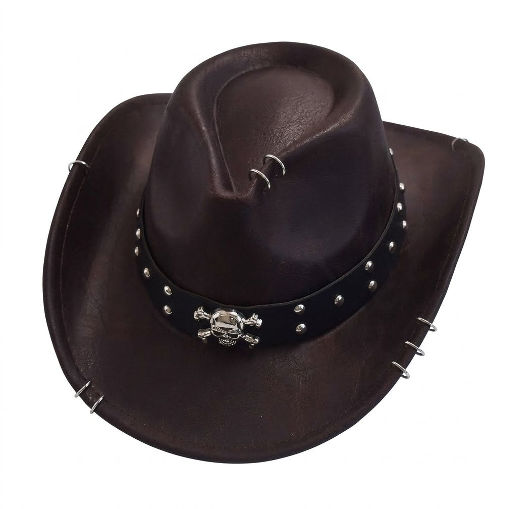 Cowboy Hat – Gothic Western Skull Buckle, Ring-Studded Style