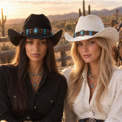 Cowboy Hat – Suede-Look, Beaded Turquoise Ethnic Style