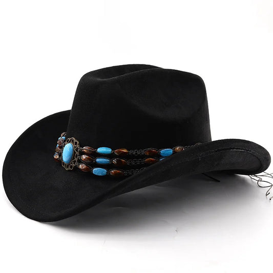Cowboy Hat – Suede-Look, Beaded Turquoise Ethnic Style