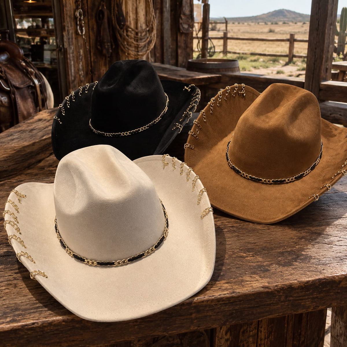 Cowboy Hat – Suede-Look, Gold Chain Western Style